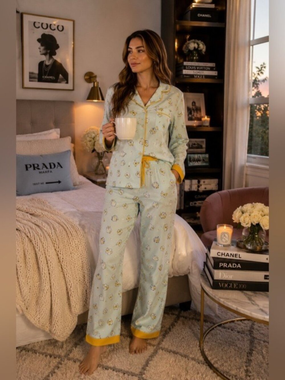 Munki Munki Blue Bee Print Cotton Pajama Set Size M Cozy Cottagecore Sleepwear